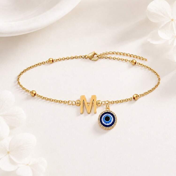 1pc New Fashion Eye Initial Gold Color Stainless Steel Bead Chain Bracelets For Women - Golden Letters - View 3