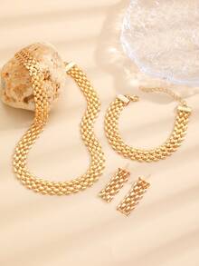 1 Set Elegant Minimalist Hollow Wide Necklace Bracelet Earrings Geometric Mesh Collarbone Chain High-End Versatile Women's Jewelry Set, Suitable For Daily Wear And Parties, Jewelry Accessories - D - View 6
