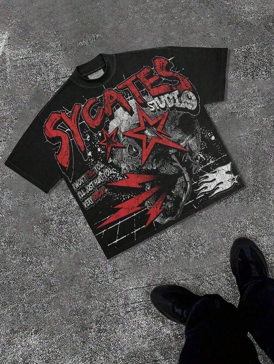 Grunge Revival Essential - Contrast Red/White Graphics With Edgy GAGADO Detail | 100% Cotton2026 Unisex T-Shirts For Summer Outings - Black - View 1