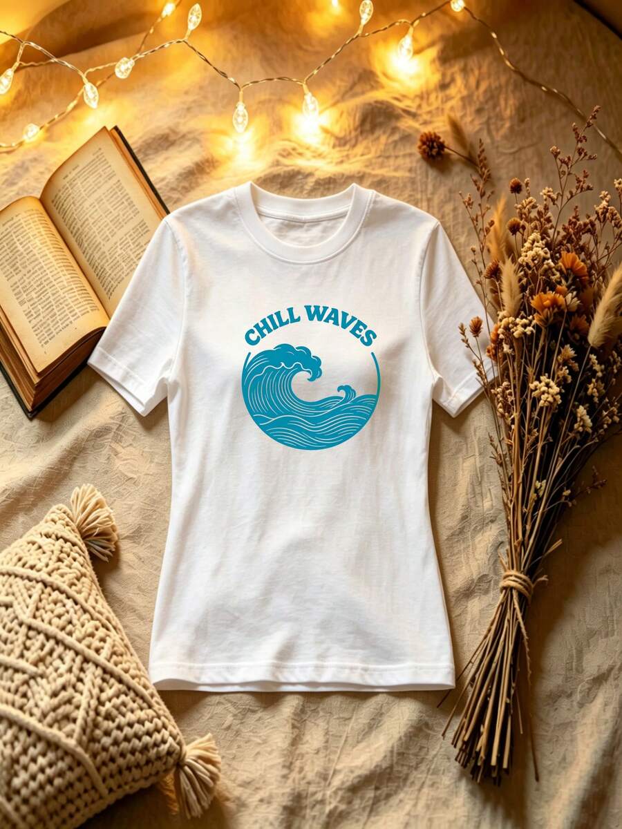 CHILL WAVES' Ocean Graphic Art, weißes Basic-T-Shirt für Damen, minimalistischer Brustprint, lässiges Grafiktop, traumhafter Sommer-Küsten-Look - Weiss - Übersicht 1