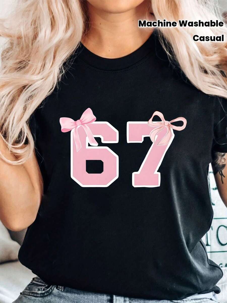 summer 2026 Camiseta estampada linda, perfecta para ropa casual de verano - un regalo perfecto para chicas. guerreras k pop ropa niña Camiseta de Mujer con Estampado de Letras y Números 67 - - Negro - Ver 1