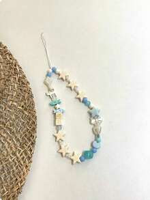 Fresh Sea Salt Blue & White Wooden Star Phone Lanyard, Cartoon Fish & Puppy 3D Beaded Design, Gentle Healing Ins Niche Style Handmade Beaded Wrist Strap, Compatible With Various Phone Cases, Bluetooth Earphones, Keys, Bag Charms, Lightweight & Comfortable, Summer Vibe Accessory, Versatile For Girls' Daily Wear, Exquisite & Cute Gift, Minimalist Ocean Style Decorative Charm - Baby Blue - View 2