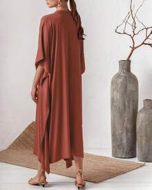 Bsubseach Mujer Vestido de Verano Kaftán para Playa de Seda Cuello en V Manga de Murciélago - Azul pavo real B - Ver 5