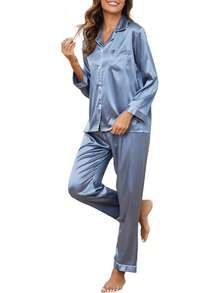 GAESHOW Conjunto de Pijamas de Mujer con Manga Larga de Satén Top Botones y Pantalones Pijama de Seda Ropa de Dormir - Rosa - Ver 15