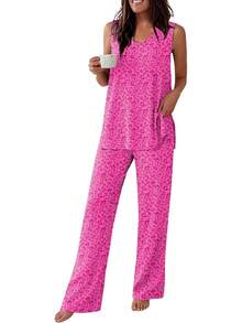 - Conjunto de pijama para mujer, sin mangas, cómodo conjunto de playera sin mangas y pantalones con cuello en V, 2 piezas, S-XXL - Raya gris - Ver 20