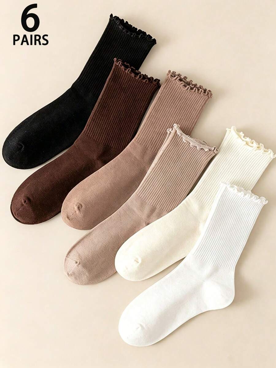 6 Pairs Brown Striped Mid-Calf Socks For Women, Autumn/Winter, Ruffled Edge Stacked Socks, Vintage Rolled Hem Lace Socks, Japanese Gentle Style Solid Color Mid-Calf Socks, Summer Breathable Soft Skin-Friendly Ruffled Edge Socks, Versatile All-Match Socks - Multicolor - View 1