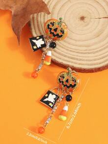 1 Pair New Halloween Earrings For Women, Creative Pumpkin Head & Ghost Pendant, Asymmetrical Design Stud Earrings - Multicolor - View 6