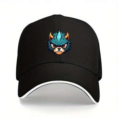 1pc FuryBall Adjustable Baseball Cap - Lightweight Polyester, Black With Blue & Orange Cartoon Character Design, Outdoor Sports, Parties, Hiking, And Beach Vacations, Casual Headwear| Playful Design Cap| Durable Headgear