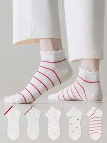 ZUJO 5 pares de calcetines cortos para mujer en blanco y rojo, con patrón de cereza, corazón y rayas, adecuados para todo el año, simples y cómodos, color aleatorio - Multicolor - Ver 4