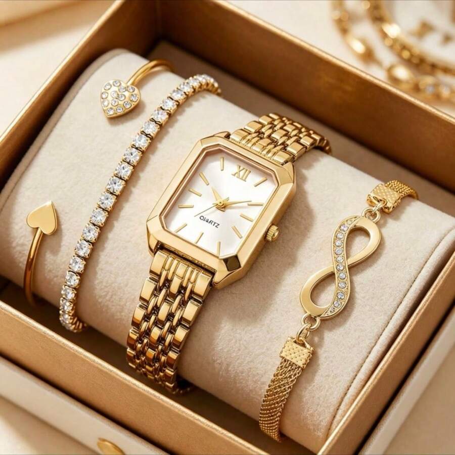 4 pièces/Set Montre classique élégante et minimaliste pour femmes avec bracelet exquis, cadran carré délicat, bracelet réglable, montre à quartz, convient pour un port quotidien, cadeau parfait pour les amies ou la famille - Rose bonbon - Voir 1