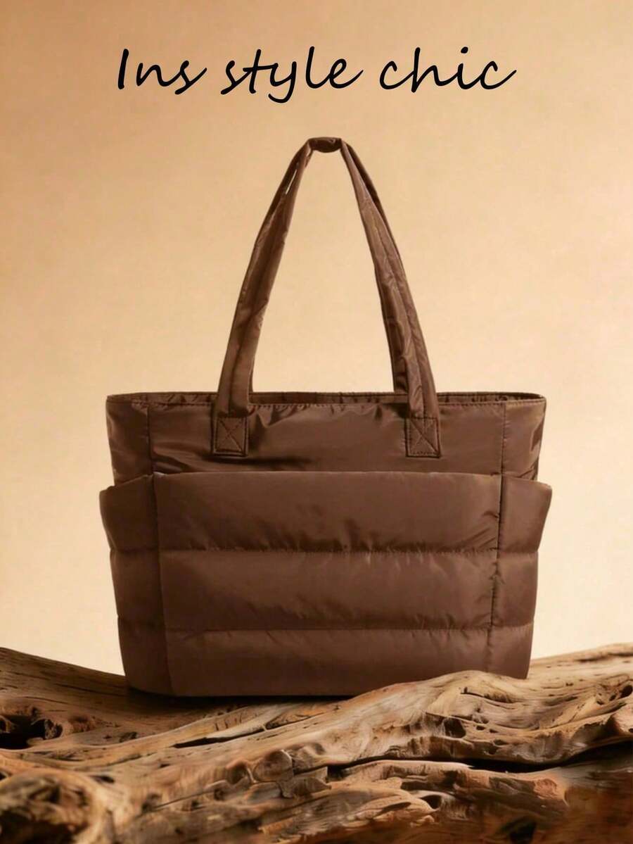 New Fashionable Classic And Multifunctional White Handbag, Simple Design, Quilted Details, Dual Top Handle Design For Shoulder, Elegant Shoulder Bag For Ladies, Suitable For N - 酒紅色 - 查看 1