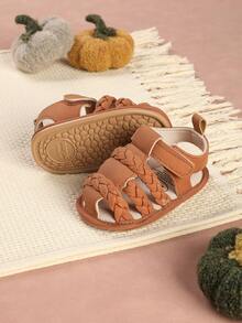 1 par de zapatos para bebé con diseño de rayas tejidas, sandalias planas simples y versátiles, adecuadas para el verano - Marrón - Ver 2