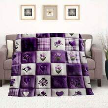 Autumn/Winter Flannel Heart & Floral Patchwork Blanket, Soft Skin-Friendly Double-Sided Flannel Throw, All-Season Use For Bedroom, Living Room, Sofa, Office Nap, Romantic Purple Heart Embroidery + Floral Print Patchwork Design, Gentle Healing Atmosphere, Fine Plush Lock-In Warmth, Non-Irritating, Suitable For Home Leisure/Office Break/Travel, Women's Day Gift - Multicolor - View 9
