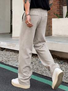 Men's Woven Fashion Casual Solid Color Pleated Design Light Apricot Straight Leg Loose Long Suit Pants, Suitable For Summer, Campus, Autumn - Apricot - View 3