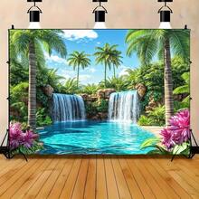 1pc Tropical Coconut Grove Waterfall Water Scene Backdrop, Double Layered Mountain Spring Emerald Pond Palm Tree Pattern, Suitable For Summer Party, Indoor/Outdoor Background Decoration, Room, Garden And Summer Celebration - A - View 8