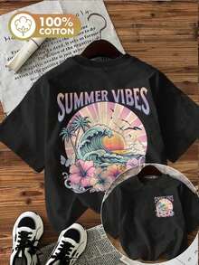 Camiseta de verano estampada de manga corta para mujer, top para mujer, tejido de algodón puro, corte regular.blusas para mujer playeras de mujer blusas casuales para dama conjuntos de mujer - Negro - Ver 1