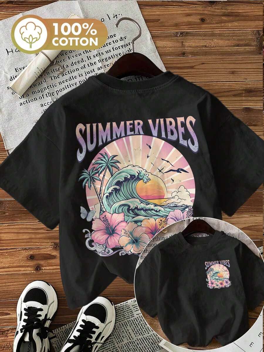 Camiseta de verano estampada de manga corta para mujer, top para mujer, tejido de algodón puro, corte regular.blusas para mujer playeras de mujer blusas casuales para dama conjuntos de mujer - Negro - Ver 1