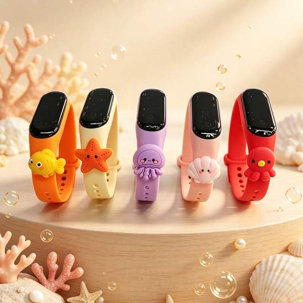 2026 New 5pcs/Set Women's Ocean Series LED Touch Screen Electronic Watch With Cute Goldfish, Starfish, Shell 3D Pendant Design, 5 Color Combinations, Time And Date Display, Suitable For Back To School, Birthday, Christmas, Holiday Gifts, Daily Wear, School And Sports