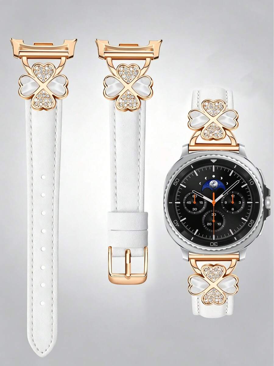 1件白色與玫瑰金適配 Galaxy Watch 8 40mm 44mm女款/男款微纖維錶帶，鑲嵌人造鋯石時尚金屬扣替換錶帶，超薄舒適防汗，適合4.3至6.5英吋手腕周長，優雅時尚，適用商務/約會/婚禮/派對/日常佩戴，送給她的可愛禮物，智慧錶帶替換配件