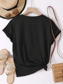 Camisetas de manga corta de cuello redondo de talla grande para mujer - Estampado casual con diseño de gato y café 4FQH - Negro - Ver 3