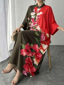 1pc Women's Arabic Abaya Dress, Contrast Color Placement Print, Stand ...