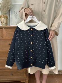Girls' Korean Style Vintage Geometric Pattern Knit Cardigan With Peter Pan Collar And Open Front - Royal Blue - View 1
