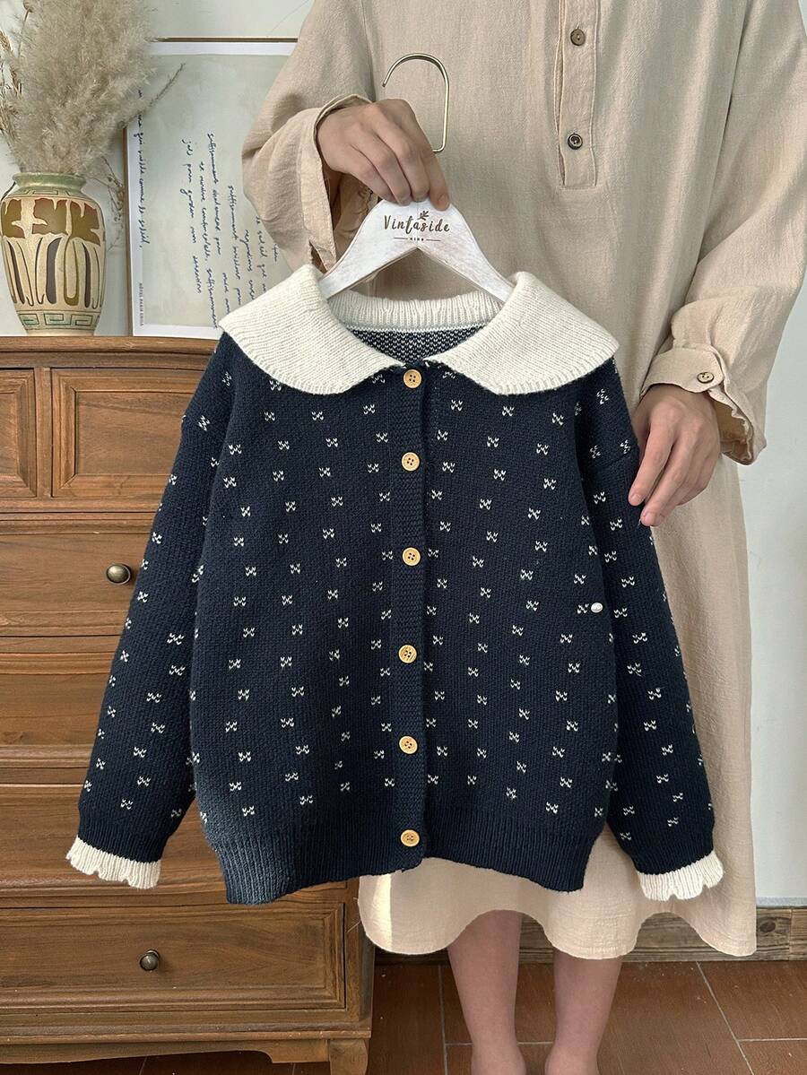 Girls' Korean Style Vintage Geometric Pattern Knit Cardigan With Peter Pan Collar And Open Front - Royal Blue - View 1