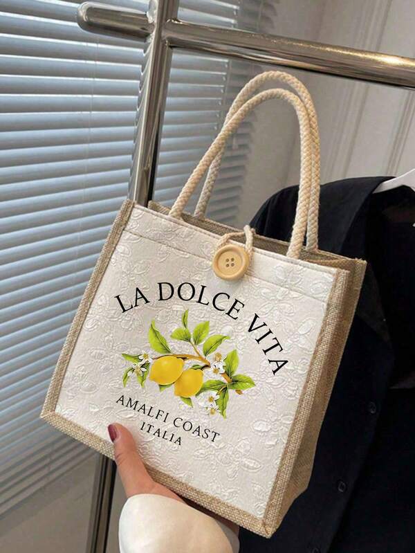 Túi tote vải canvas mùa hè họa tiết chanh, phù hợp đi làm hàng ngày và đi biển, quà tặng mùa hè lý tưởng