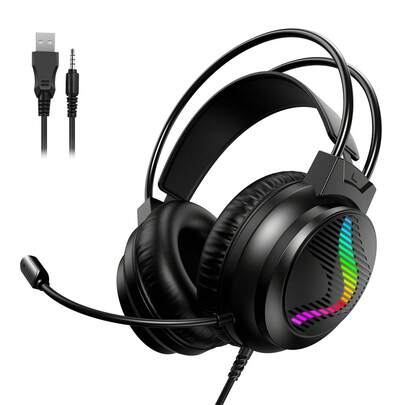 Wired Gaming Headset With RGB Rainbow Lighting-Featuring An Over-Ear Design, An Adjustable Noise-Canceling Microphone, And Support For Both 3.5mm And