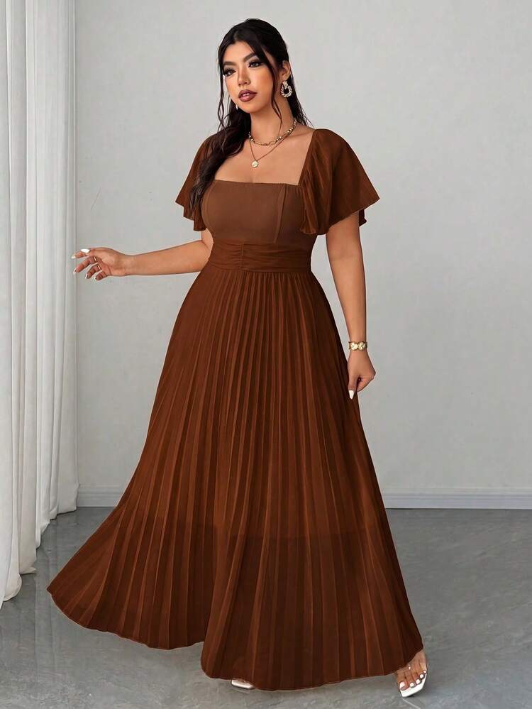 a Vestido elegante y romántico de manga corta, cuello cuadrado, cintura recogida y línea A para mujer de talla grande en color crema amarillento - Marrón - Añade 1