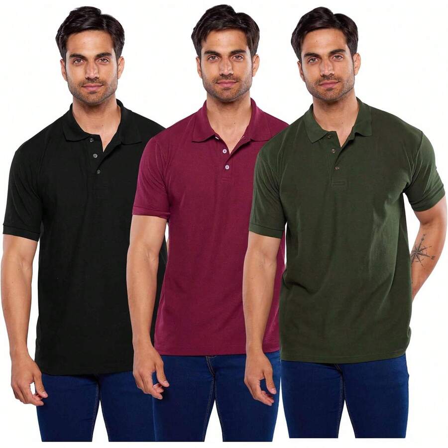 Alfani Paq 3 Playeras Polo para Hombre Manga Corta 100% Algodón - Vino/Marino Jaspe/Negro Jaspe - Ver 1
