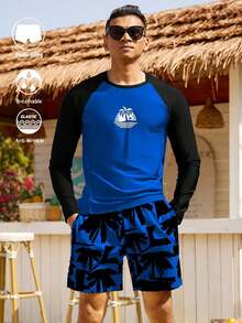 Set de 2 piezas de traje de baño para hombre con estampado de árbol de coco, de manga larga y shorts, hawaiano, para vacaciones - Multicolor 2 - Ver 16