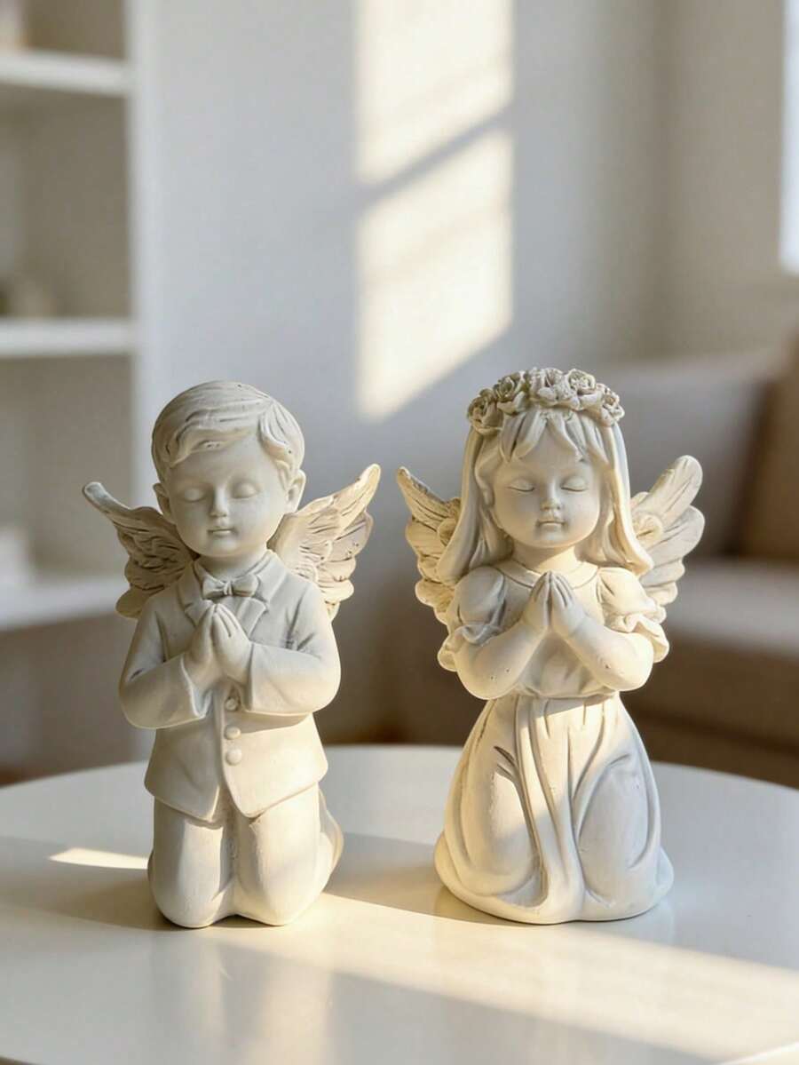 Resin Praying Angel Sculpture - White Little Angel Statue, Suitable For Religious Home Decor, Wedding, Baptism And Memorial Gifts. This Exquisite Kneeling Angel Sculpture, With Delicate Wings And Expression, Adds A And Spiritual Atmosphere To Your Living Room, Bedroom Or Altar. As A Timeless Accent For Bookshelves, Mantels Or Entryways, It Can Create A Peaceful Ambiance For Any Space. - B - View 1