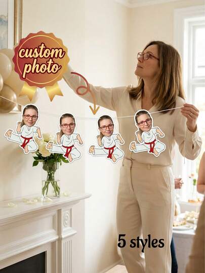 8/16/24pcs Custom Photo Karate Banner, 5 Style Options (Red/Blue/Yellow/Black Belt) Photo Cutout Garland For Birthday Party, Karate Graduation, Training Celebration Decorations, Fun Hanging Ornament For Martial Arts Lovers, Family & Friends Gift