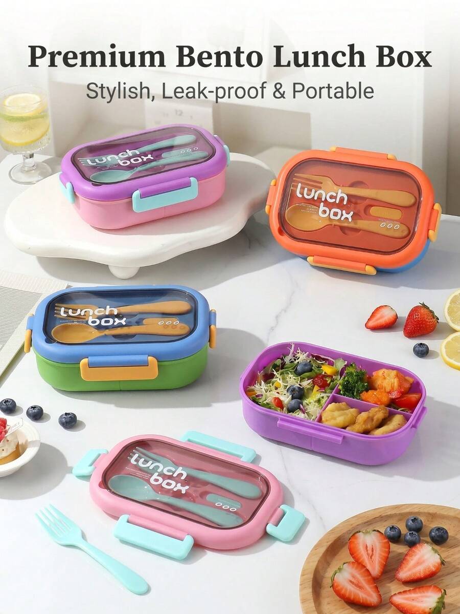 1000ml Leak-Proof Divided Lunch Box With Handle, Reusable, Airtight Fresh-Keeping, Includes Utensil Set, Suitable For Office Workers, Camping, Hiking And Back To School Season, Microwave And Dishwasher - Multicolor - View 1