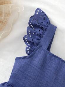 BASUSARRI Burnout Hollow Out Small Flutter Sleeve Square Neck Dress Back Detachable Bow Hem Hollow Out Straight Dress Versatile Elegant Lady Style Girls Dress - Navy Blue - View 5