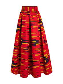 Women's Red African Wax Print High Waist Pleated Maxi Skirt - Red - View 1