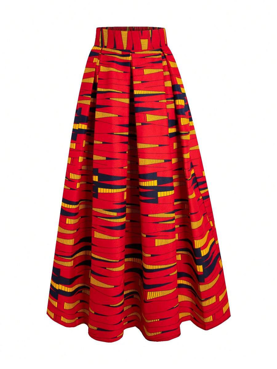 Women's Red African Wax Print High Waist Pleated Maxi Skirt - Red - View 1