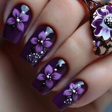 24pcs French Purple Floral Y2K Medium Length Press-On Nails, Easy To Apply, Long Lasting, Gentle On Natural Nails, Reusable False Nails - Multicolor - View 7