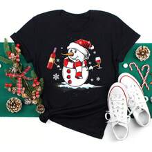 Feliz Navidad Árbol de Navidad Papá Noel Camiseta de Manga Corta de Moda para Mujer Talla Grande con Estampado de Dibujos Animados - Negro - Ver 4