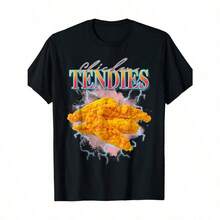 [Ropa Divertida] Camiseta Gráfica para Hombre "Chicken Tendies" - 100% Algodón, Manga Corta, Cuello Redondo en Negro con Letras en Amarillo y Azul Intensas - Casual, para Todas las Temporada - Negro - Ver 1