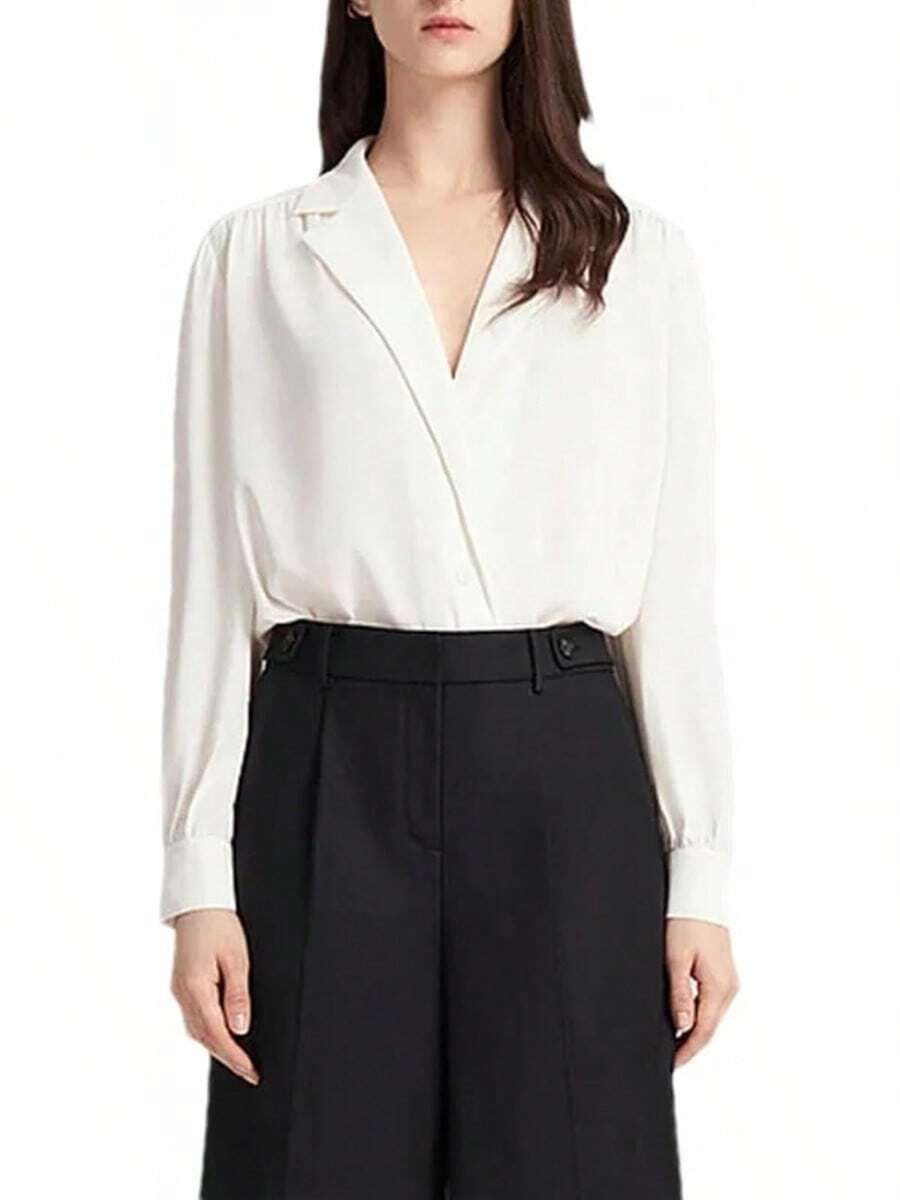 Blusa formal de manga larga con cuello en V y solapa para mujer - Gris,claro - Ver 1