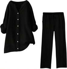 onjunto de verano de 2 piezas para mujer, tallas grandes, conjuntos de lino de algodón, cuello en V, blusa abotonada, camisetas de gran tamaño, camisetas de manga larga y pantalones casuales - Z_marina - Ver 9