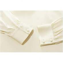 Blusa formal de manga larga con pliegues de seda con cuello en V, manga abullonada para mujer - Pnnrk - Ver 7