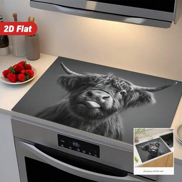 1pc Grey Highland Cow Theme Kitchen Countertop Mat, Diatomaceous Earth Material, Highly Absorbent, Suitable For Tableware, Coffee Machine, Microwave, Etc. Fashionable Watercolor Design, Ideal Choice For Modern Kitchen.