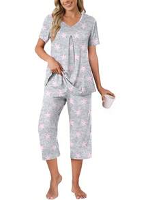 Anyally - Conjunto de pijama de verano para mujer, camisa de manga corta y pantalones capri de 2 piezas, pijama plisado con bolsillos - Plisado color caqui naranja - Ver 26