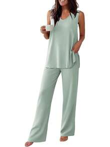 - Conjunto de pijama para mujer, sin mangas, cómodo conjunto de playera sin mangas y pantalones con cuello en V, 2 piezas, S-XXL - Raya gris - Ver 1
