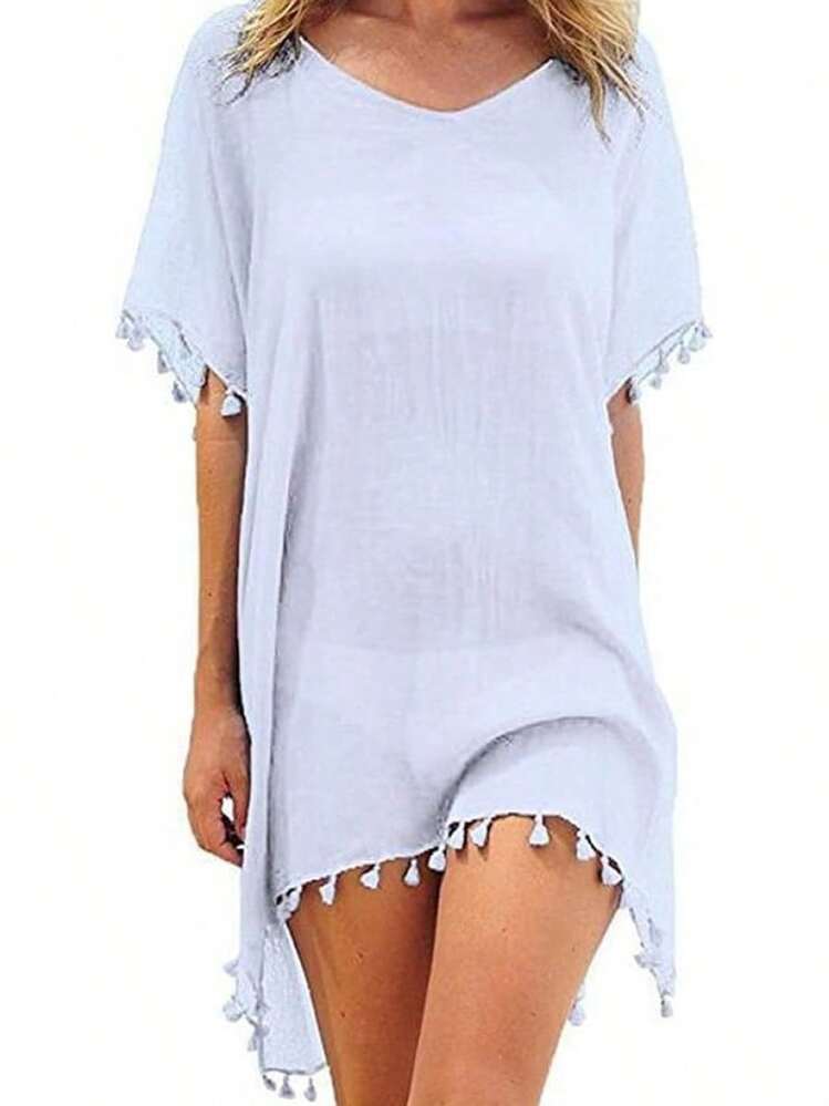 Vestidos de Playa Bañadores de Playa con Flecos de Gasa para Damas para Cubrir Faldas de Traje de baño, Vestidos Sueltos de Verano Bikini(Blue,Gold) - Un color - Añade 5