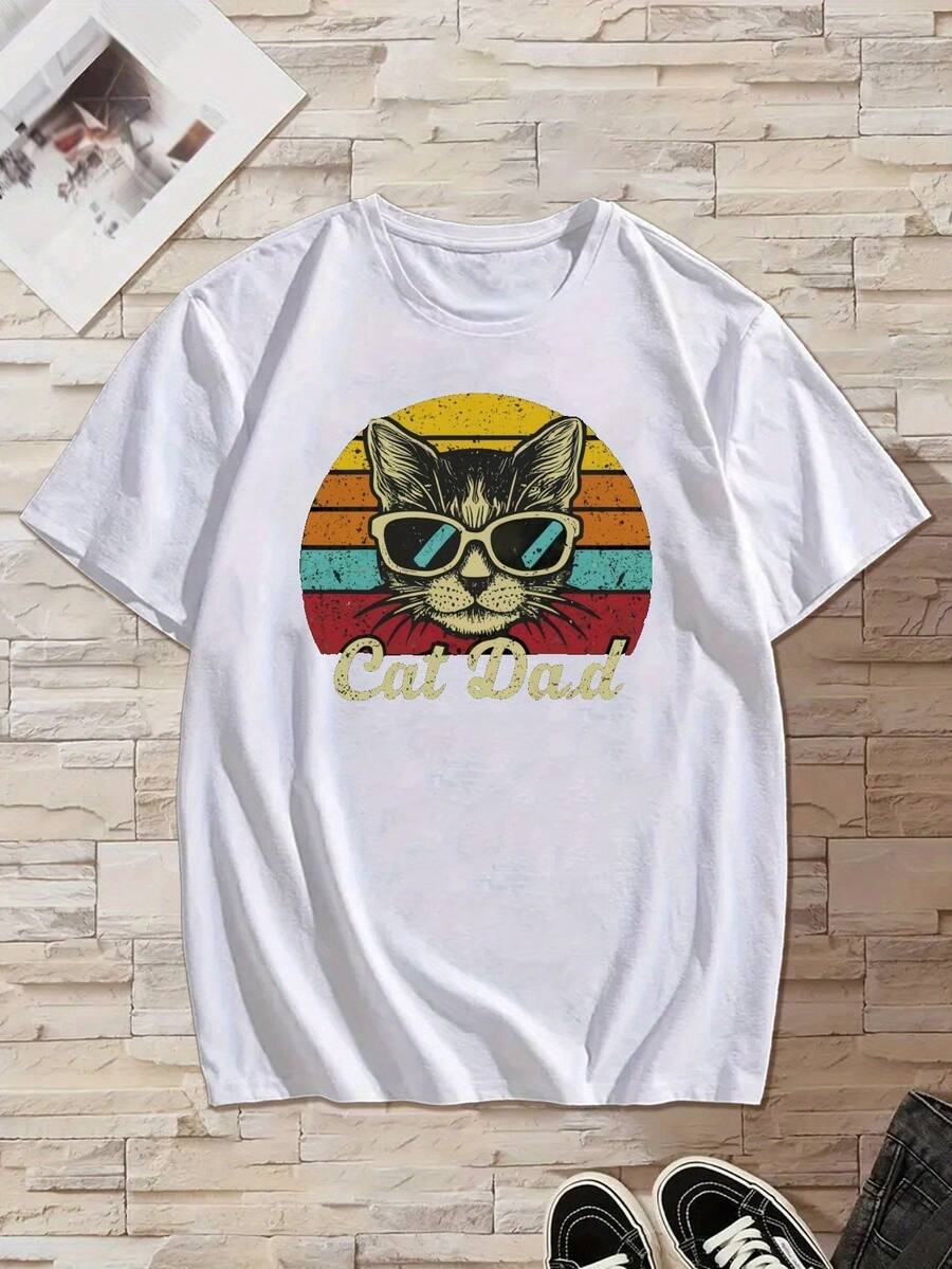 Men'S Summer T-Shirt With Cat Dad Design - 白色 - 查看 1