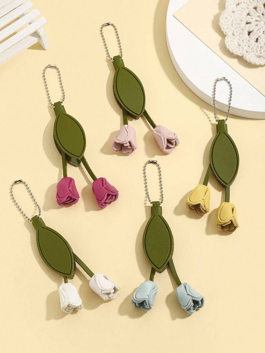DIY Handmade Creative Leather Tulip Flower Keychain 1pc, Fresh PU Flower Key Hanger, Creative Holiday Gift For Partner And Friends, Souvenir, Creative Gift For Girlfriend, Holiday Gift For Mom, Phone Car Accessory Key Ring, Creative Holiday Gift For Others, Event Gift - Multicolor - View 1